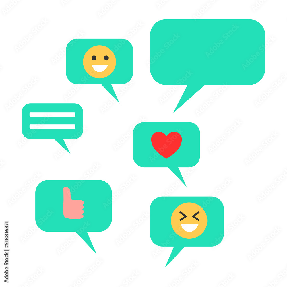 Different sms or message signs with smile emoji, like or thumbs up ...