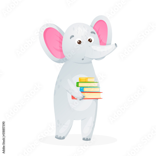 Baby elephant holding a stack of books in its paws. Back to school illustration concept, vector isolated animal cartoon illustration.