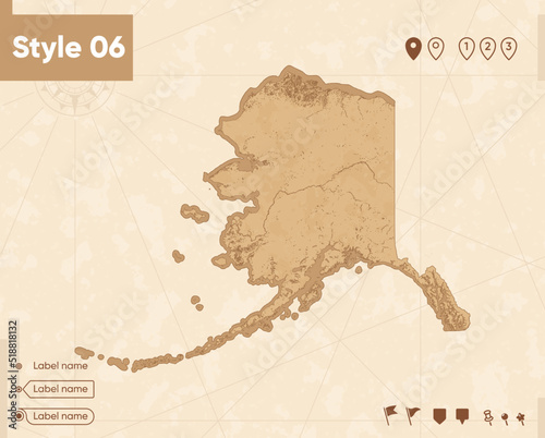 USA, Alaska - map in vintage style, retro style map, sepia, vintage. Vector map.