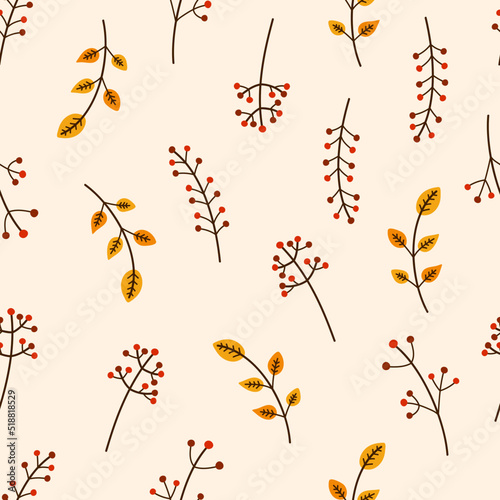Seamless autumn pattern with leaves and seasonal berries. Vector cozy textile print. Botanical cute thanksgiving background, fall.