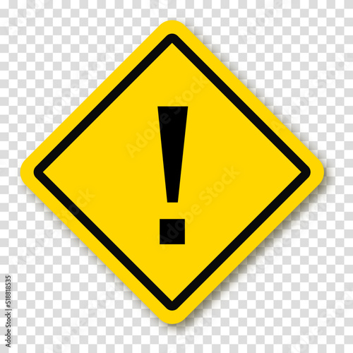 Exclamation point in yellow square or rhombus with shadow. Symbol of caution. Danger warning mark sign. Vector illustration on a transparent background.