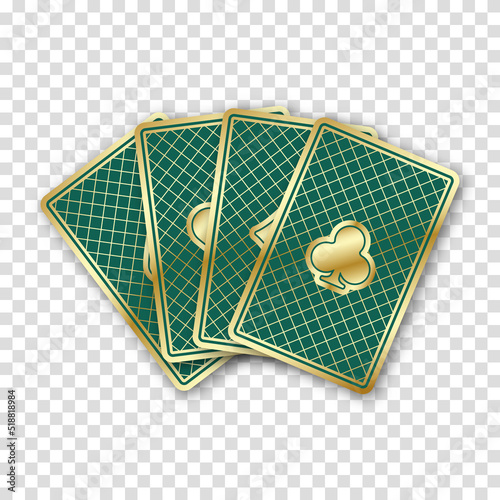 A fan of cards with a green base and a golden border. 4 card. Realistic playing cards on a transparent background. For a website or mobile app. Vector illustration.