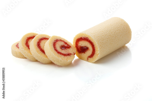 Vanilla Roll Cake with strawberry jam isolated on white background.