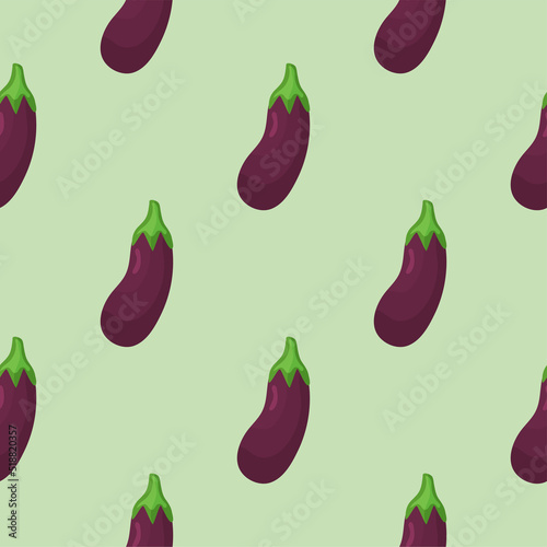 Seamless food pattern of oeggplant on green background. Backdrop for wallpaper, print, textile, fabric, wrapping. Vector illustration