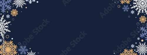 Dark Blue Christmas banner background with gold and white snowflakes