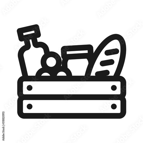 Vector food wooden box icon template. Line grocery with organic fruits and vegetables. Healthy natural product design concept vector illustration