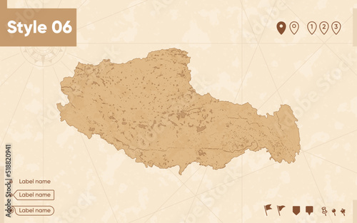 Tibet, China - map in vintage style, retro style map, sepia, vintage. Vector map.
