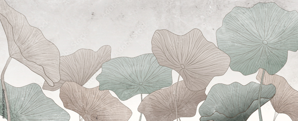 Art background with lotus leaves in green and brown tones in line style. Hand drawn botanical banner for wallpaper design, decor, print, packaging. - obrazy, fototapety, plakaty 