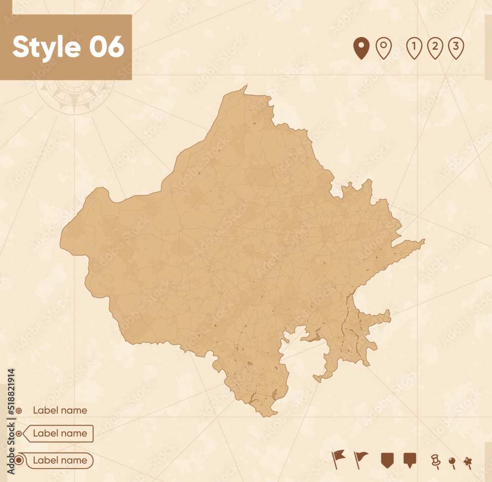 Rajasthan, India - map in vintage style, retro style map, sepia, vintage. Vector map.