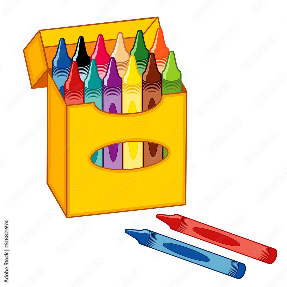 Crayons in a Box, art supplies in twelve rainbow colors for daycare,  preschool, nursery, primary, grammar and elementary schools, scrapbooks,  back to school, home, office projects., isolated on white Stock Vector