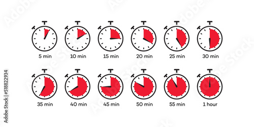 Timer icon vector set. Clock, stopwatch isolated on white background. Cooking time label. EPS 10