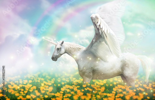 White pegasus unicorn horse in a magical field paradise
