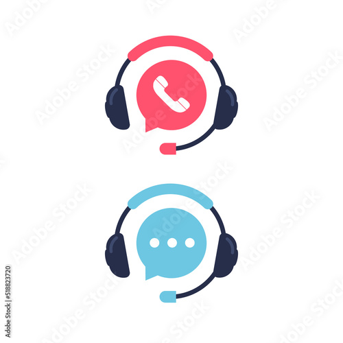 Tech support logo. Online chat icon and virtual help service. Call center 24/7. Headphones with microphone. Vector illustration isolated on white background.