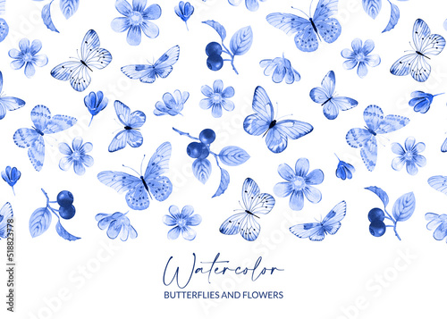 Watercolor illustrated butterflies  flowers and blueberries. Hand drawn summer insects and blossoms. Design for packaging  greeting card and invitation.