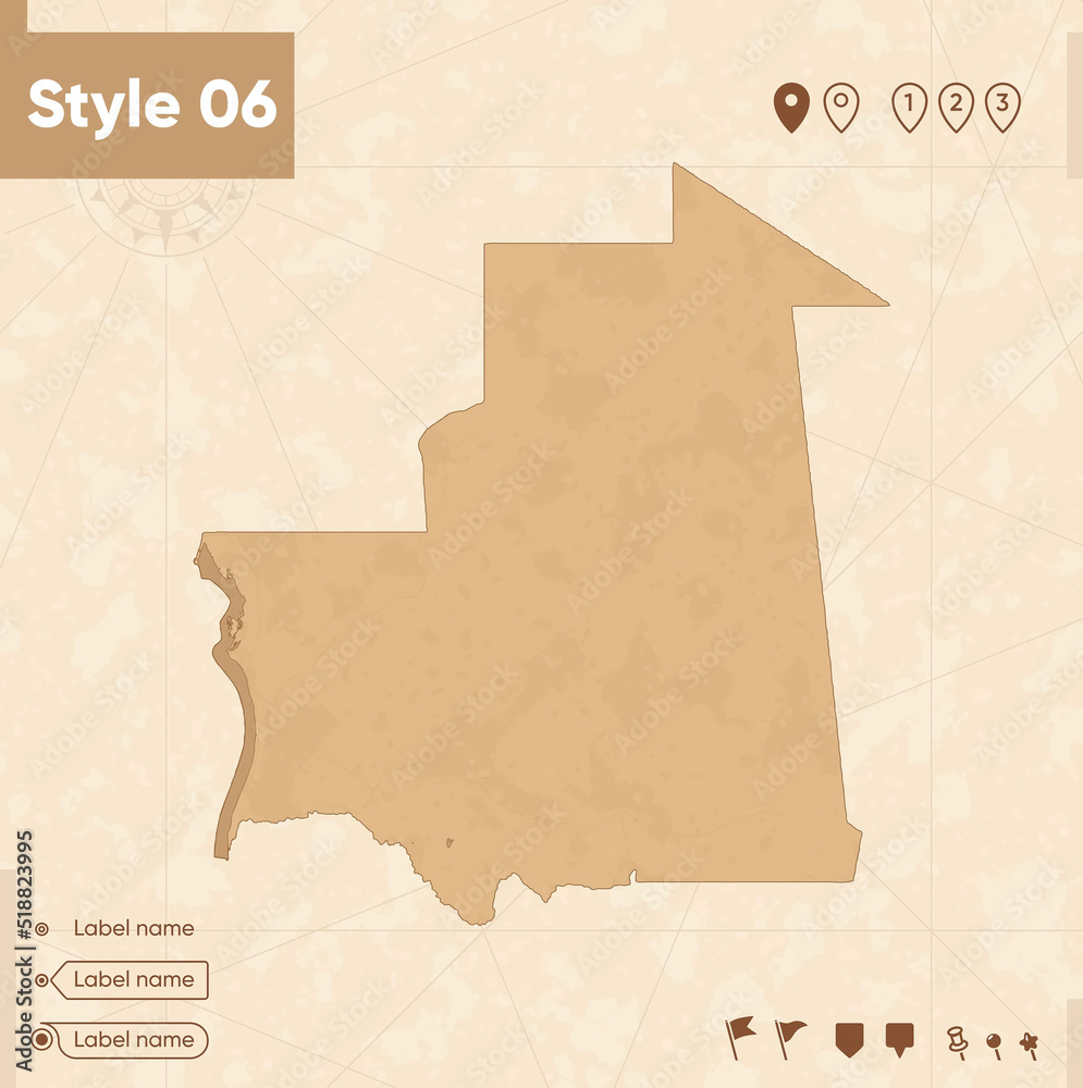 Mauritania - map in vintage style, retro style map, sepia, vintage. Vector map.