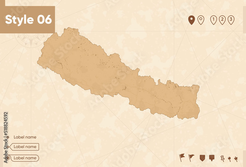 Nepal - map in vintage style, retro style map, sepia, vintage. Vector map.