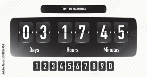 Time remaining template vector realistic style isolated on transparent background. Coutdown sale timer flip board with scoreboard of days, hours, minutes, seconds- web page upcoming event. 10 eps
