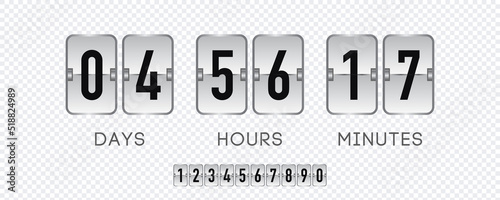 Coutdown timer flip board with scoreboard of days, hours, minutes. Time remaining sale template realistic style isolated on transparent background- web page upcoming event vector. 10 eps