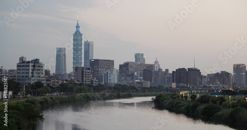Taipei, Taiwan, Taipei city skyline with keelung river in the evening