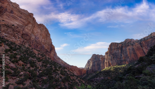 American Mountain Landscape. Sunny Cloudy Sunrise Sky Art Render. Zion National Park, Utah, United States of America. Nature Background