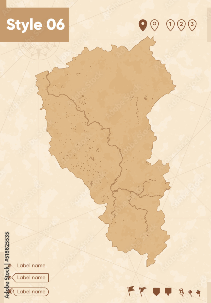 Fototapeta premium Kemerovo Region, Russia - map in vintage style, retro style map, sepia, vintage. Vector map.