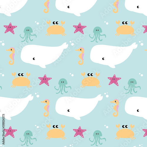 Sea life marine fish and animals flat cartoon illustration template. Dolphins and whales, sharks and octopuses, jellyfish and seahorses. Set of cute animals icons isolated on white background.