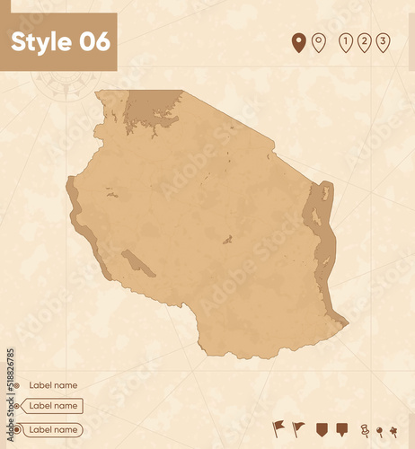 Tanzania - map in vintage style, retro style map, sepia, vintage. Vector map.