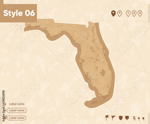 Florida, USA - map in vintage style, retro style map, sepia, vintage. Vector map.