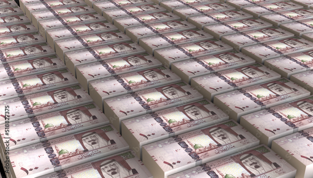 3D Pile of Saudi Arabia 100 Riyal Money banknote