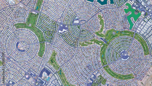 Sun City bird's eye view, a circular shaped suburb of Phoenix, looking down aerial view from above – Arizona, USA