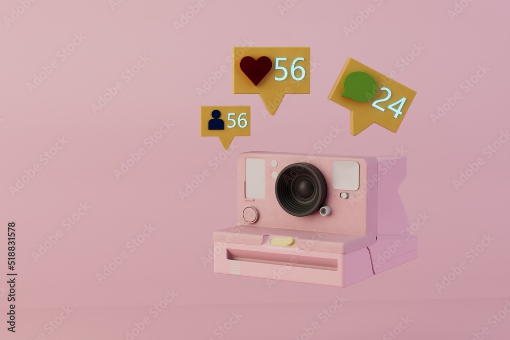 the concept of photo, video, likes, correspondence in instagram, facebook. a pink camera on a pink background next to which icons of messages, likes, subscribers. 3d render. 3d illustration