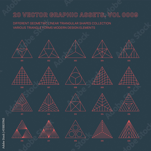 Vector Graphic Assets Various Outline Geometric Triangles Collection Isolated On Back. Line Art Graphic Mystic Magic Occult Abstract Triangular Symbols And Esoteric Icons Different Design Elements Set