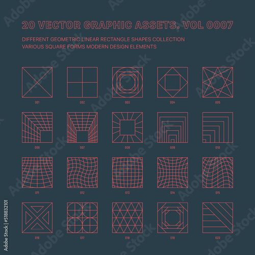 Vector Graphic Assets Various Outline Geometric Squares Collection Isolate On Back. Rave Techno Music Culture Different Rectangle Shapes Line Art Retro Futurism Abstract Icons Design Elements Set
