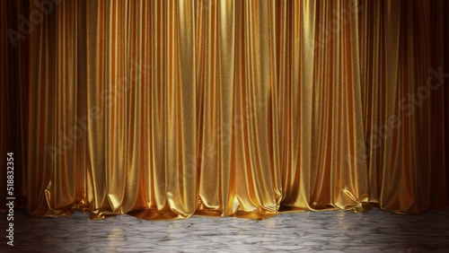 Realistic 3D animation of the royal golden metallic textured show stage curtain with white marble flooring with reflections rendered in UHD with alpha matte