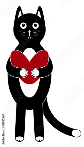 A black cat in love holds a red heart in its paws. A declaration of love.
