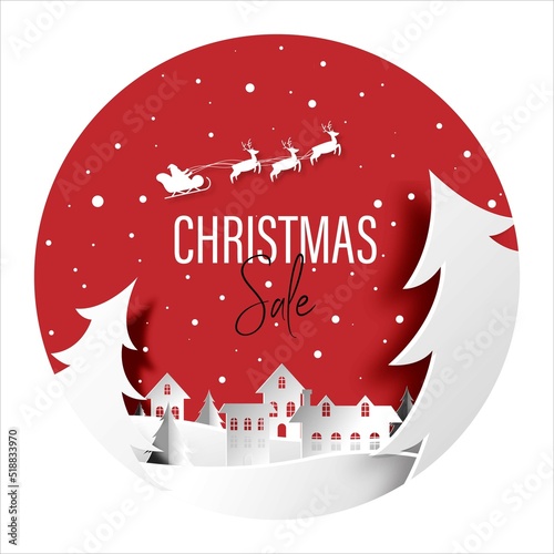 Vector christmas sale sticker with christmas tree in paper cutout style on red background. Sticker for christmas sale, special offer, big sale. Label printable template