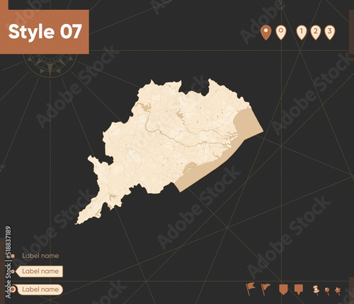 Odisha, India - map in vintage style, retro style, sepia, vintage. Vector map.