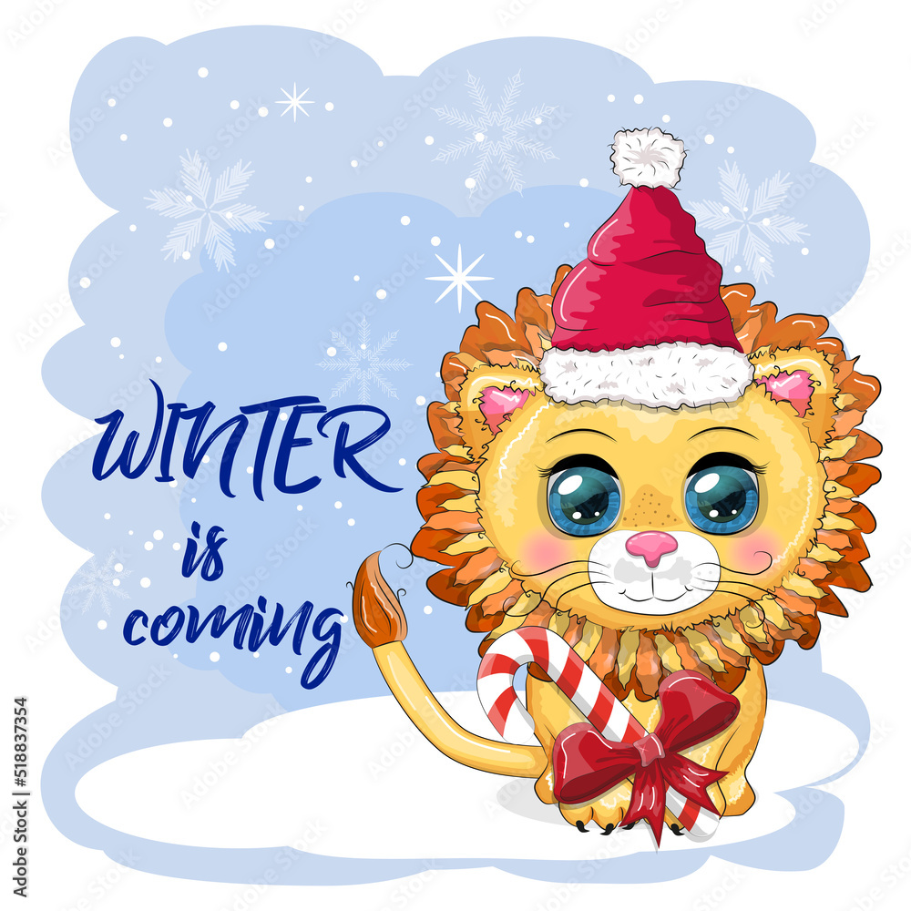 Naklejka premium Wonderful cute cartoon lion cub with a gift