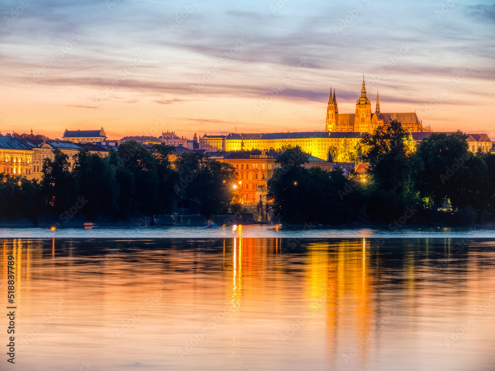 Fototapeta premium Beautiful aerial view with the Prague Castle at sunset. Long exposure photography