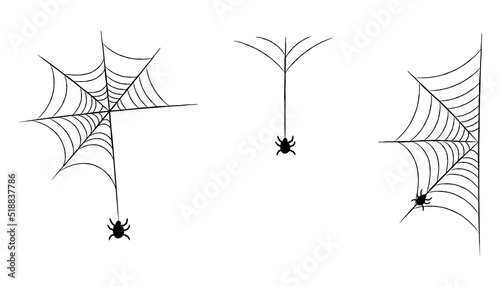 A collection of cobwebs for decorating a Halloween party. Frightening elements for decoration. A hand-drawn web, a web with a hanging spider. Isolated vector