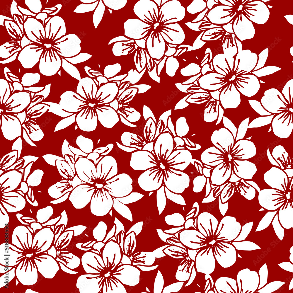 seamless floral pattern of white flowers on a dark red background, texture, repeat pattern, design