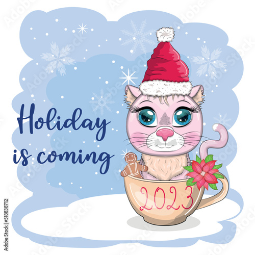 Cute cartoon cat in a Santa hat on a background of snow. Winter 2023  Christmas and Chinese New Year.