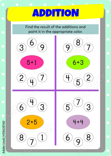 Addition exercises for preschool, kindergarten and primary school kids.