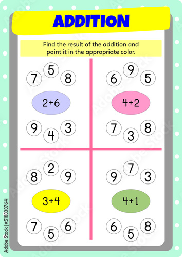 Addition exercises for preschool, kindergarten and primary school kids.