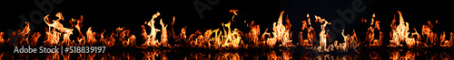 Bright fire flames on black background. Banner design