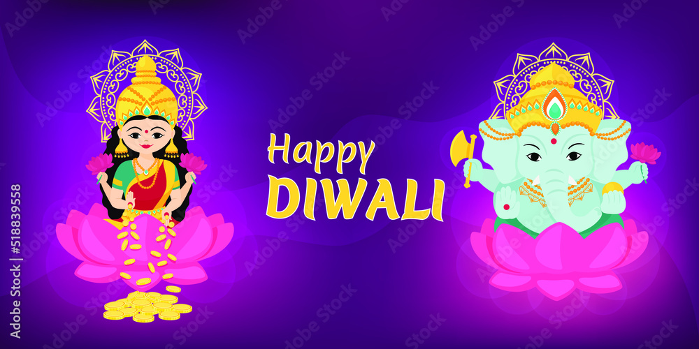 Fototapeta premium Happy Diwali. Goddess Lakshmi and God Ganesha sit on a lotus. Traditional Indian festival of lights. Vector illustration for banner or poster.