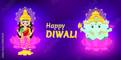 Happy Diwali. Goddess Lakshmi and God Ganesha sit on a lotus. Traditional Indian festival of lights. Vector illustration for banner or poster.
