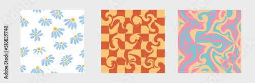 Set of retro 70s seamless pattern. Floral, swirl, mushrooms, peace symbol, camomile, smile. Clockwork design in the style of the seventies.