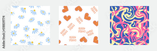 Set of retro 1970s seamless pattern. Floral, swirl, mushrooms, peace symbol, camomile, smile.