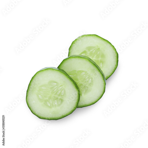 Slices of fresh green cucumber isolated on white, top view